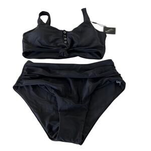 Zaful Black 2 Piece High Waist Swimsuit Bikini NWT Woman Size Medium Snap Front